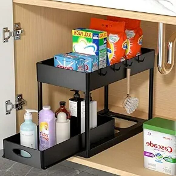 Under Sink Basket Organizer 2 Tier Sliding Storage for Bathroom Kitchen Black - Picture 7 of 7